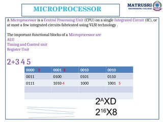 MATRUSRI
ENGINEERING COLLEGE
MICROPROCESSOR
A Microprocessor is a Central Processing Unit (CPU) on a single Integrated Circuit (IC), or
at most a few integrated circuits fabricated using VLSI technology .
The important functional blocks of a Microprocessor are
ALU
Timing and Control unit
Register Unit
2+3 4 5
0000 2 0001 3 0010 0010
0011 0100 0101 0110
0111 1010 4 1000 1001 5
2A
XD
216
X8
 