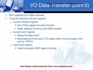 I/O Data Transfer (cont’d)
 8237 supports four DMA channels
 It has the following internal registers
 Current address register
 One 16-bit register for each channel
 Holds address for the current DMA transfer
 Current word register
 Keeps the byte count
 Generates terminal count (TC) signal when the count goes from
zero to FFFFH
 Command register
 Used to program 8257 (type of priority, …)
Downloaded from www.Rejinpaul.com
Get Unique study materials from www.rejinpaul.com
 