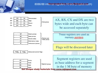 8086/88 internal registers 16 bits (2 bytes each)
AX, BX, CX and DX are two
bytes wide and each byte can
be accessed separately
These registers are used as
memory pointers.
Flags will be discussed later
Segment registers are used
as base address for a segment
in the 1 M byte of memory
Downloaded from www.Rejinpaul.com
Get Unique study materials from www.rejinpaul.com
 