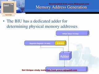 Memory Address Generation
• The BIU has a dedicated adder for
determining physical memory addresses
Intel
Physical Address (20 Bits)
Adder
Segment Register (16 bits) 0 0 0 0
Offset Value (16 bits)
Downloaded from www.Rejinpaul.com
Get Unique study materials from www.rejinpaul.com
 