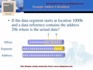 Example Address Calculation
• If the data segment starts at location 1000h
and a data reference contains the address
29h where is the actual data?
Intel
Offset: 0 0 0 0 0 0 0 0 0 0 1 0 1 0 0 1
2 9
0 0 0 1 0 0 0 0 0 0 0 0 0 0 0 0 0 0 0 0
Segment:
0 0 0 1 0 0 0 0 0 0 0 0 0 0 1 0 1 0 0 1
Address:
Downloaded from www.Rejinpaul.com
Get Unique study materials from www.rejinpaul.com
 