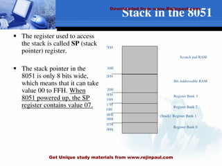 Stack in the 8051
 The register used to access
the stack is called SP (stack
pointer) register.
 The stack pointer in the
8051 is only 8 bits wide,
which means that it can take
value 00 to FFH. When
8051 powered up, the SP
register contains value 07.
7FH
30H
2FH
20H
1FH
17H
10H
0FH
07H
08H
18H
00H
Register Bank 0
(Stack) Register Bank 1
Register Bank 2
Register Bank 3
Bit-Addressable RAM
Scratch pad RAM
Downloaded from www.Rejinpaul.com
Get Unique study materials from www.rejinpaul.com
 