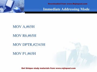 Immediate Addressing Mode
MOV A,#65H
MOV R6,#65H
MOV DPTR,#2343H
MOV P1,#65H
Downloaded from www.Rejinpaul.com
Get Unique study materials from www.rejinpaul.com
 