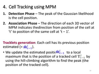 4．Cell Tracking using MPM
16
1. Detection Phase – The peak of the Gaussian likelihood
is the cell position.
2. Association Phase – The direction of each 3D vector of
MPM indicates thedirection from position of the cell at
‘t’ to position of the same cell at ‘t − 1’.
Tracklets generation: Each cell has its previous position
estimated (= ).
• We update the estimated position to a local
maximum that is the position of a tracked cell by
using the hill-climbing algorithm to find the peak (the
position of the tracked cell).
 