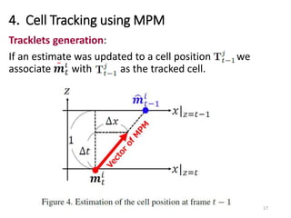 4．Cell Tracking using MPM
17
Tracklets generation:
If an estimate was updated to a cell position we
associate with as the tracked cell.
 