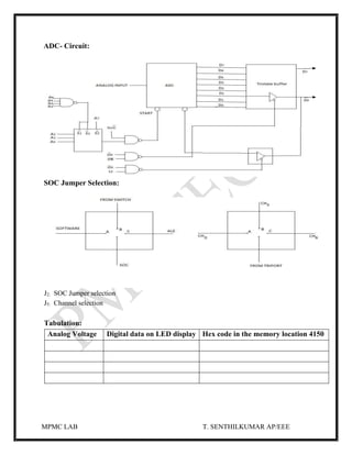 MPMC LAB T. SENTHILKUMAR AP/EEE
ADC- Circuit:
SOC Jumper Selection:
J2: SOC Jumper selection
J5: Channel selection
Tabulation:
Analog Voltage Digital data on LED display Hex code in the memory location 4150
 