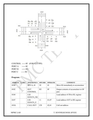 MPMC LAB T. SENTHILKUMAR AP/EEE
CONTROL ----- 0F (FOR 8255 PPI)
PORT A ----- 0C
PORT B ----- 0D
PORT C ----- 0E
Program:
ADDRESS LABEL MNEMONICS OPCODE OPERAND COMMENT
4100 MVI A, 41 3E 41 Move 80 immediately to accumulator
4102 OUT
CONTROL
D3 0F Output contents of accumulator to OF
port
4104 LXI
H,DATA_SQ
Load address 417B to HL register
4107 LXI
D,DATA_E
11 41,87 Load address 4187 to DE register
410A CALL OUT CD 42,41 Call out address
 