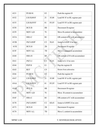 MPMC LAB T. SENTHILKUMAR AP/EEE
4151 PUSH H E5 Push the register H
4152 LXI H,001F 21 1F,00 Load 00 1F in HL register pair
4155 LXI B,FFFF 01 FF,FF Load FF FF in DE register pair
4158 DCX B 0B Decrement B register
4159 MOV A,B 78 Move B content to accumulator
415A ORA C B1 OR content of C with accumulator
415B JNZ LOOP C2 58,41 Jump to LOOP if no zero
415E DCX H 2B Decrement H register
415F MOV A,L 7D Move L content to accumulator
4160 ORA H B4 OR content of H with accumulator
4161 JNZ L1 C2 55,41 Jump to L1 if no zero
4164 POP H E1 Pop the register H
4165 RET C9 Return from subroutine
4166 PUSH H E5 Push the register H
4167 LXI H,001F 21 1F,00 Load 00 1F in HL register pair
416A LXI B,FFFF 01 FF,FF Load FF FF in DE register pair
416D DCX B 0B Decrement B register
416E MOV A,B 78 Move B content to accumulator
416F ORA C B1 OR content of C with accumulator
4170 JNZ LOOP2 C2 6D,41 Jump to LOOP2 if no zero
4173 DCX H 2B Decrement H register
4174 MOV A,L 7D Move L content to accumulator
 