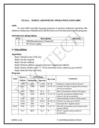 MPMC LAB T. SENTHILKUMAR AP/EEE
EX.No:1 SIMPLE ARITHMETIC OPERATIONS USING 8085
AIM:
To write 8085 assembly language programs to perform arithmetic operations like
Addition, Subtraction, Multiplication and Division over 8-bit data and to test the programs.
APPARATUS REQUIRED:
S.No Description Quantity
1 8085Microprocessor Trainer kit 1
2 DC Power supply 1
a) 8-bit addition
Algorithm:
Step1: Initialize carry with zero.
Step2: Get the Augend.
Step3: Get the Addend.
Step4: Perform addition operation between Augend and Addend.
Step5: Check whether carry =1 If Yes increment Carry, otherwise go to SAVE.
Step6: Store the Sum and Carry.
Program:
Label
Memory
Address
Instructions
Hex Code Comments
Mnemonics Operand
4100 MVI C, 00H 0E 00 Initialize C register (carry) with zero.
4102 LDA 4200H 3A 00 42 Load the first data (Augend) from memory
into the accumulator.
4105 MOV B, A 47 Move Accumulator content to B register.
4106 LDA 4201H 3A 01 42 Load the second data (Addend) from
memory into the accumulator.
4109 ADD B 80 Add accumulator content with B register.
410A JNC SAVE D2 0E 41 If there is no carry, go to SAVE.
410D INR C 0C Increment the C register (carry).
SAVE 410E STA 4202H 32 02 42 Store the accumulator (sum) content in the
location 4202H.
4111 MOV A, C 79 Move C register (carry) content to
accumulator.
 