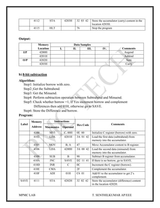 MPMC LAB T. SENTHILKUMAR AP/EEE
4112 STA 4203H 32 03 42 Store the accumulator (carry) content in the
location 4203H.
4115 HLT 76 Stop the program
Output:
Memory
Location
Data Samples
CommentsI. II. III. IV.
I/P 4200H Augend
4201H Addend
O/P 4202H Sum
4203H Carry
b) 8-bit subtraction
Algorithm:
Step1: Initialize borrow with zero.
Step2: Get the Subtrahend.
Step3: Get the Minuend.
Step4: Perform subtraction operation between Subtrahend and Minuend.
Step5: Check whether borrow =1, If Yes increment borrow and complement
Differences then add 01H, otherwise go to SAVE.
Step6: Store the Difference and borrow.
Program:
Label
Memory
Address
Instructions
Hex Code Comments
Mnemonics Operand
4100 MVI C, 00H 0E 00 Initialize C register (borrow) with zero.
4102 LDA 4201H 3A 01 42 Load the first data (subtrahend) from
memory into the accumulator.
4105 MOV B, A 47 Move Accumulator content to B register.
4106 LDA 4200H 3A 00 42 Load the second data (minuend) from
memory into the accumulator.
4109 SUB B 90 Subtract B register from accumulator.
410A JNC SAVE D2 11 41 If there is no borrow, go to SAVE.
410D INR C 0C Increment the C register (borrow).
410E CMA 2F Complement the accumulator.
410F ADI 01H C6 01 Add 01 to the accumulator to get 2’s
complement.
SAVE 4111 STA 4202H 32 02 42 Store the accumulator (difference) content
in the location 4202H.
 