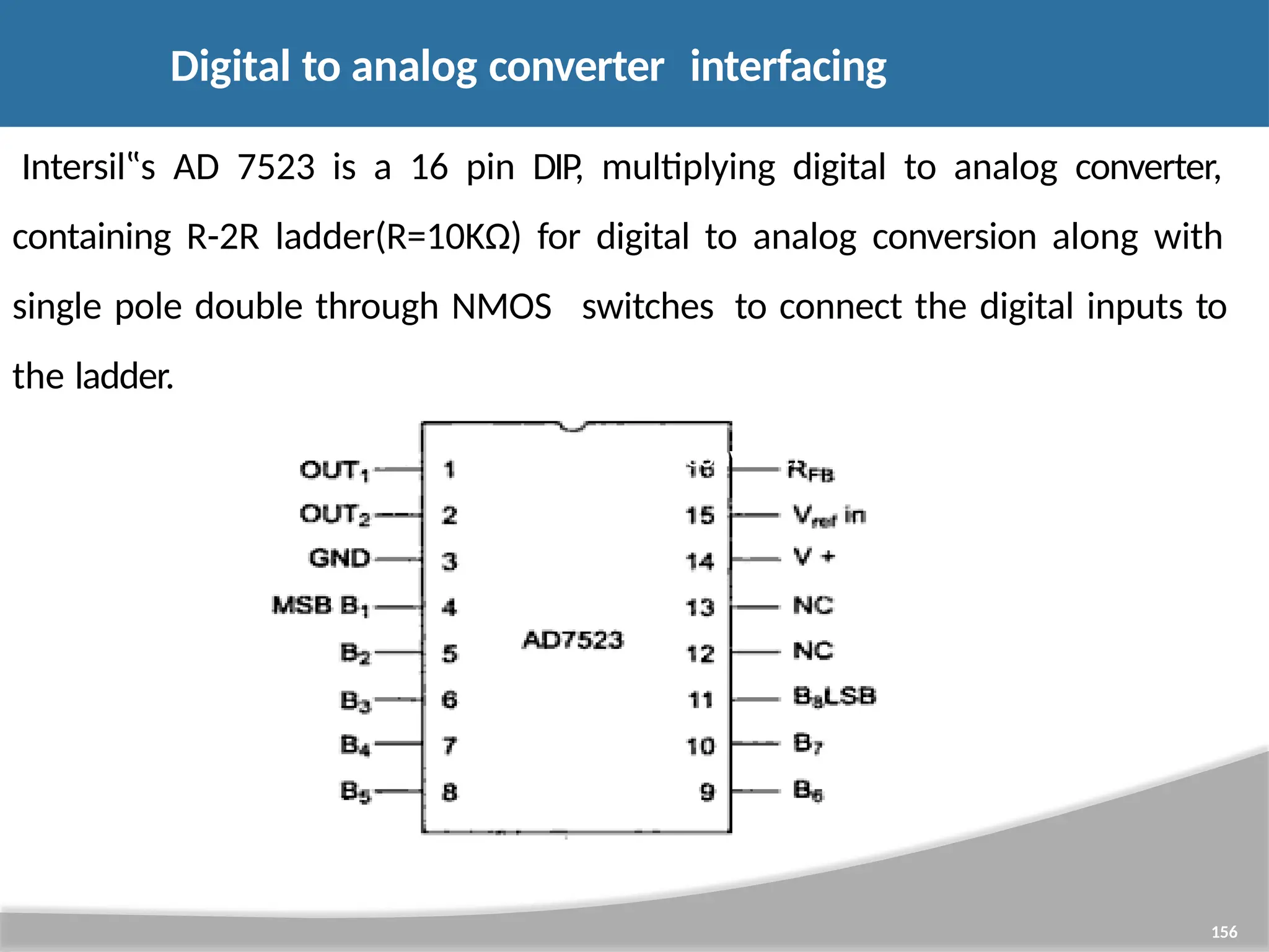 Intersil‟s AD 7523 is a 16 pin DIP, multiplying digital to analog converter, containing R-2R ladder(R=10KΩ) for digital to analog conversion along with single pole double through NMOS switches to connect the digital inputs to the ladder. converter n ci 156 Digital to analog converter interfacing 