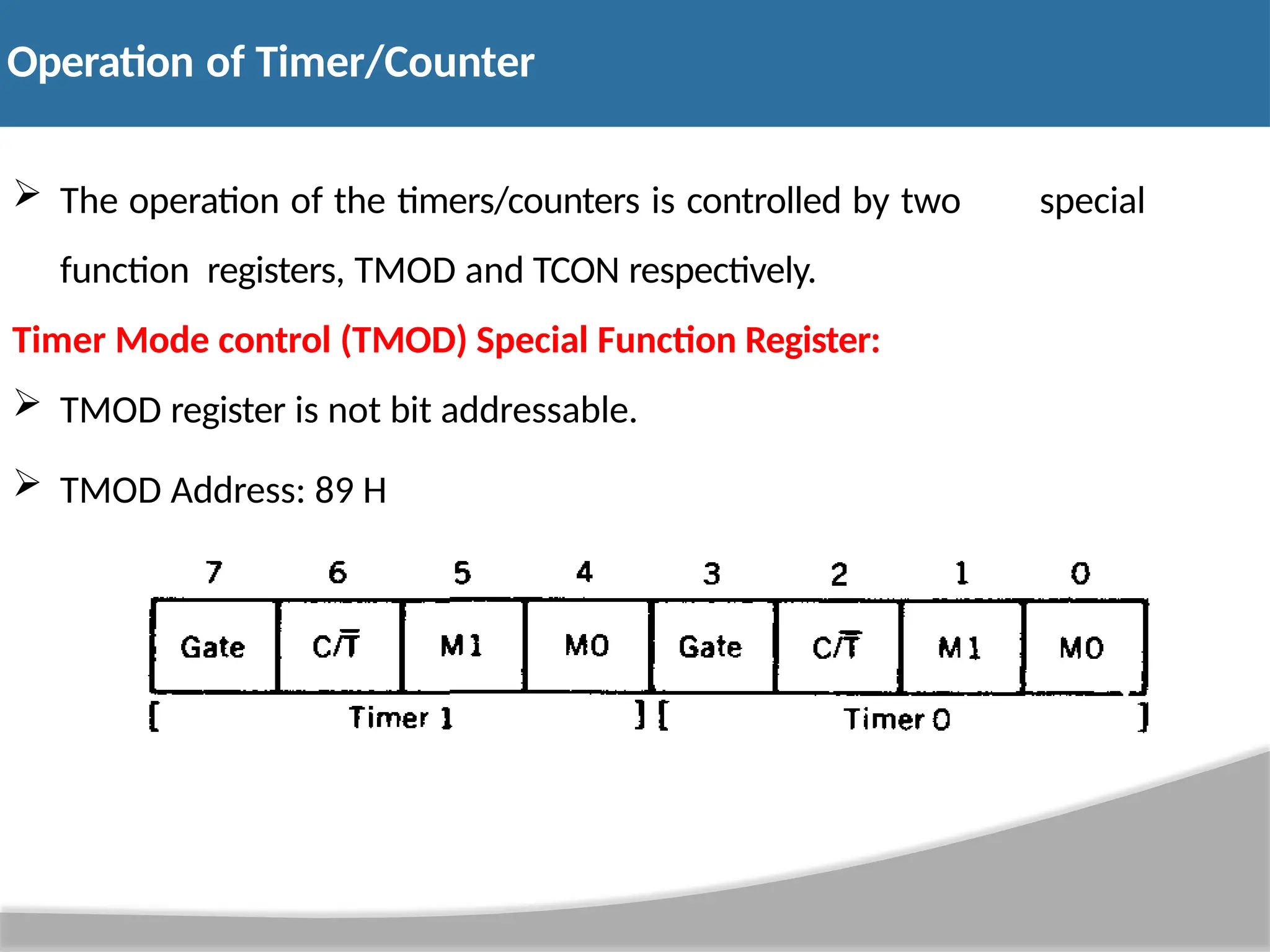  The operation of the timers/counters is controlled by two special function registers, TMOD and TCON respectively. Timer Mode control (TMOD) Special Function Register:  TMOD register is not bit addressable.  TMOD Address: 89 H Operation of Timer/Counter 