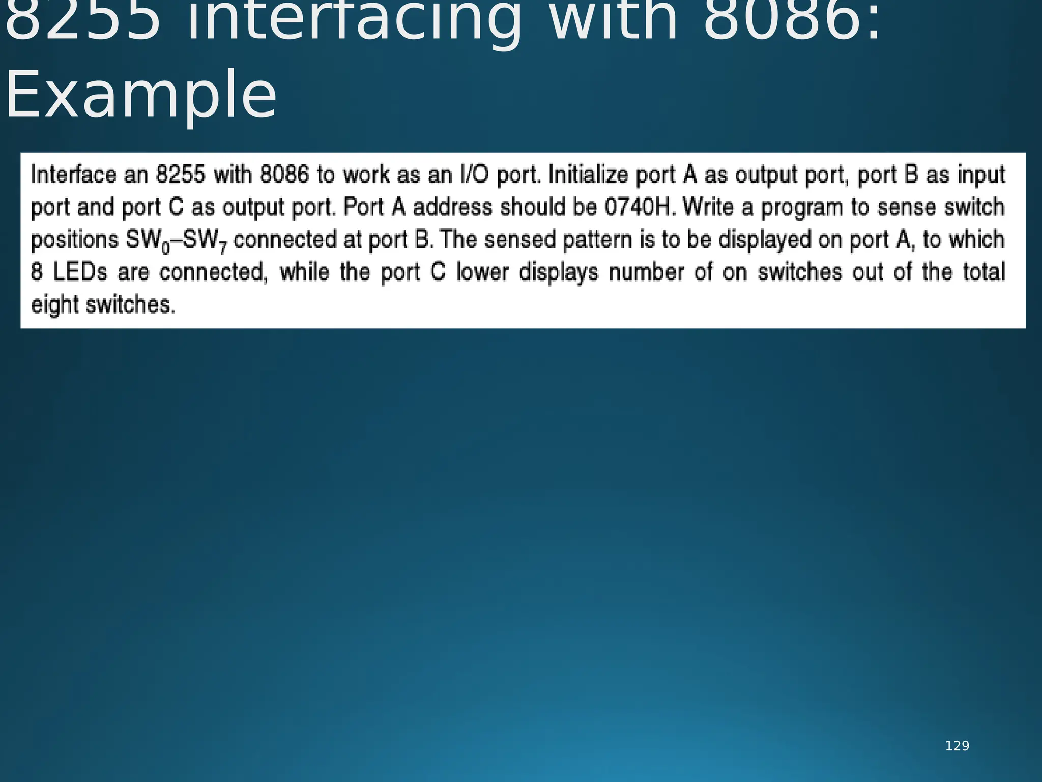 8255 interfacing with 8086:
Example
129
 