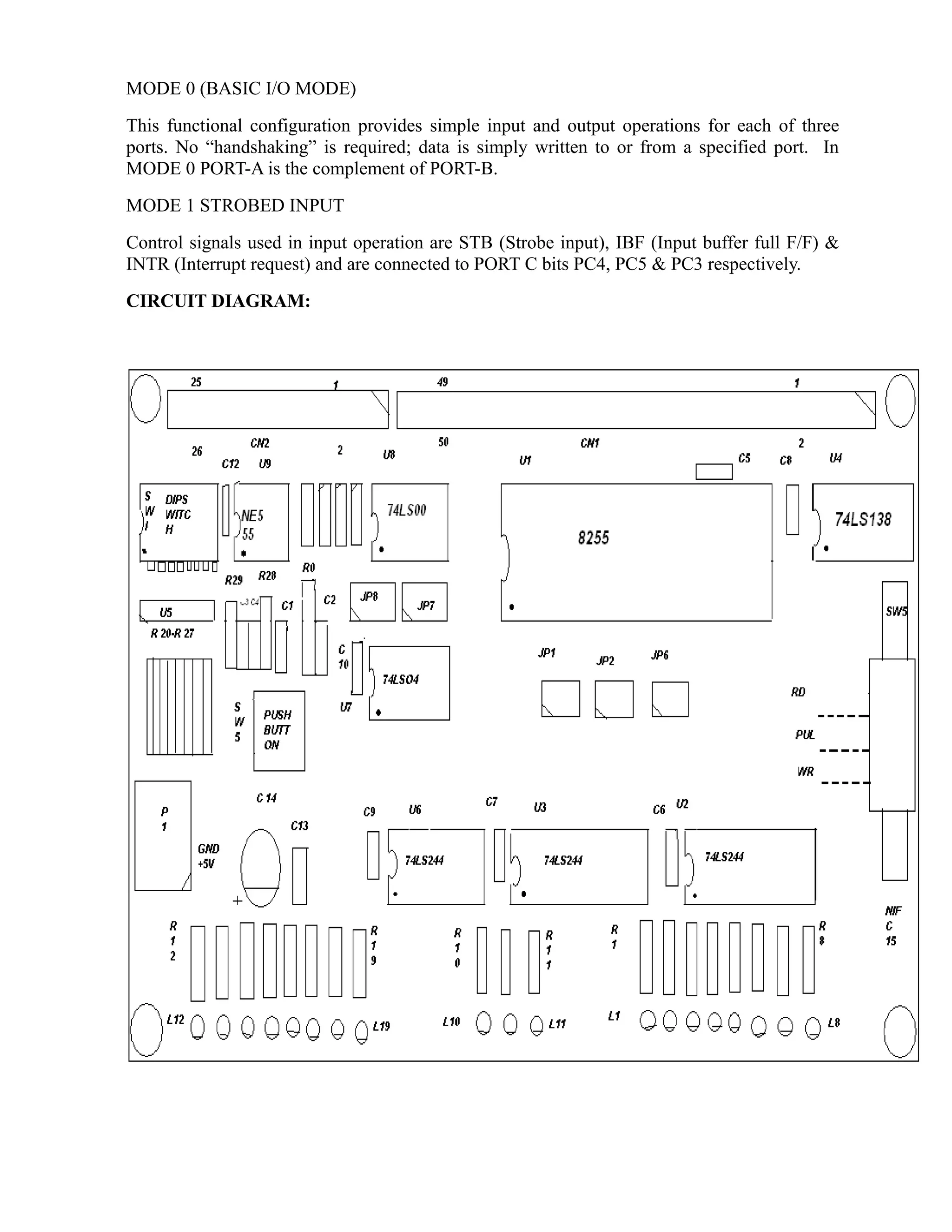MODE 0 (BASIC I/O MODE) 
This functional configuration provides simple input and output operations for each of three 
ports. No “handshaking” is required; data is simply written to or from a specified port. In 
MODE 0 PORT-A is the complement of PORT-B. 
MODE 1 STROBED INPUT 
Control signals used in input operation are STB (Strobe input), IBF (Input buffer full F/F) & 
INTR (Interrupt request) and are connected to PORT C bits PC4, PC5 & PC3 respectively. 
CIRCUIT DIAGRAM: 
 