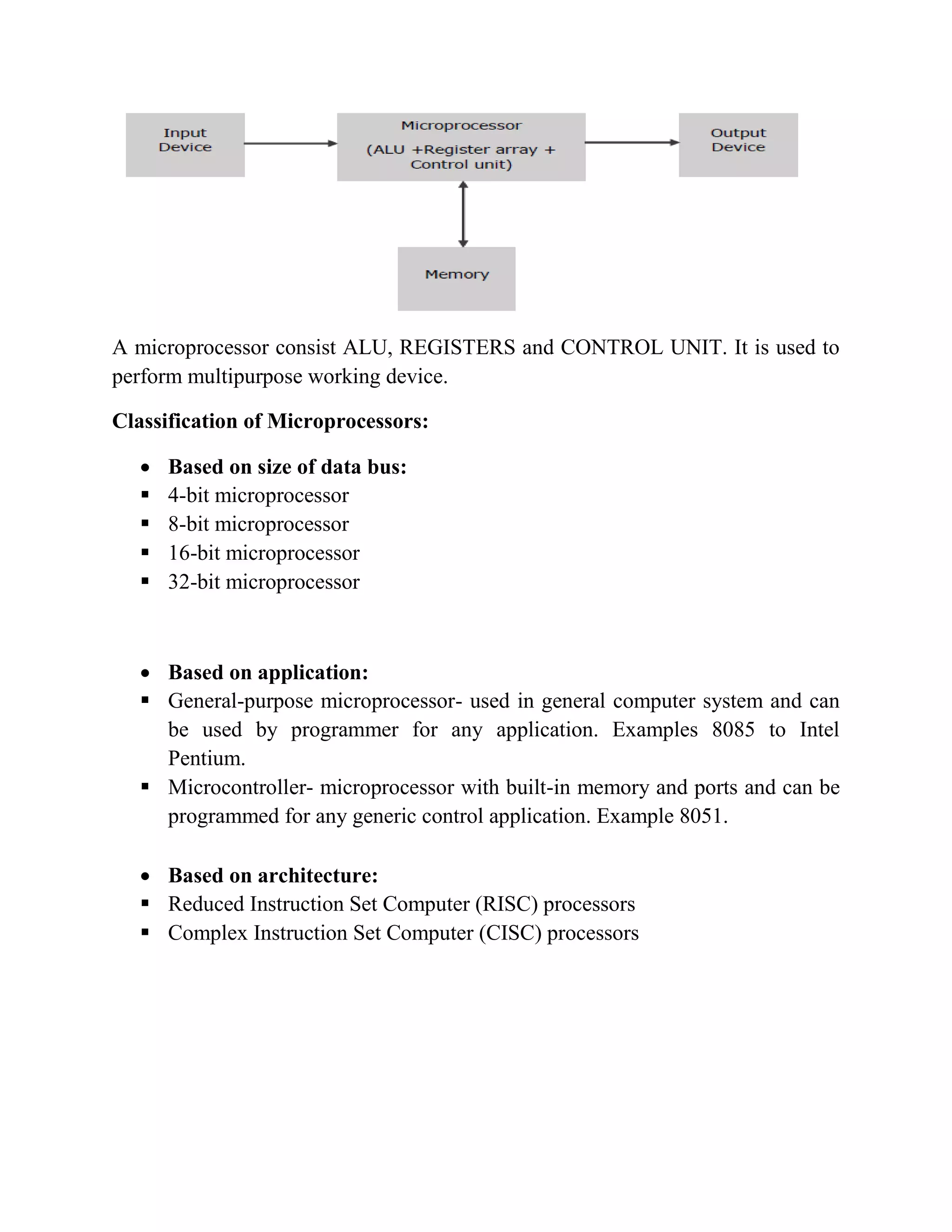 A microprocessor consist ALU, REGISTERS and CONTROL UNIT. It is used to perform multipurpose working device. Classification of Microprocessors:  Based on size of data bus:  4-bit microprocessor  8-bit microprocessor  16-bit microprocessor  32-bit microprocessor  Based on application:  General-purpose microprocessor- used in general computer system and can be used by programmer for any application. Examples 8085 to Intel Pentium.  Microcontroller- microprocessor with built-in memory and ports and can be programmed for any generic control application. Example 8051.  Based on architecture:  Reduced Instruction Set Computer (RISC) processors  Complex Instruction Set Computer (CISC) processors 