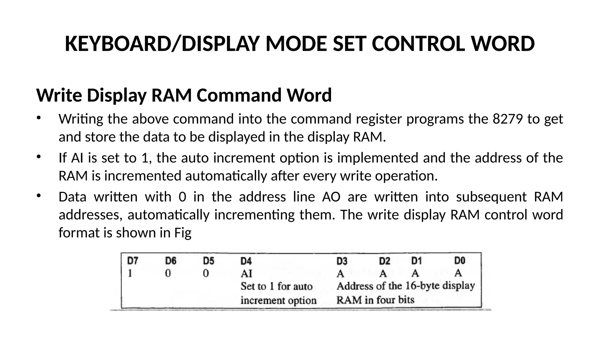 KEYBOARD/DISPLAY MODE SET CONTROL WORD
Write Display RAM Command Word
• Writing the above command into the command register programs the 8279 to get
and store the data to be displayed in the display RAM.
• If AI is set to 1, the auto increment option is implemented and the address of the
RAM is incremented automatically after every write operation.
• Data written with 0 in the address line AO are written into subsequent RAM
addresses, automatically incrementing them. The write display RAM control word
format is shown in Fig
 