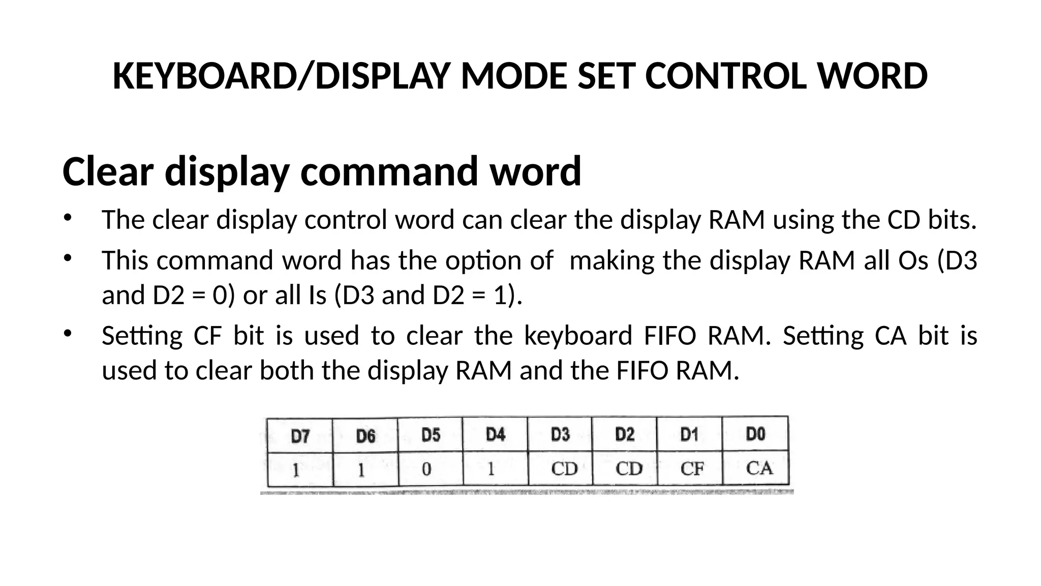 KEYBOARD/DISPLAY MODE SET CONTROL WORD
Clear display command word
• The clear display control word can clear the display RAM using the CD bits.
• This command word has the option of making the display RAM all Os (D3
and D2 = 0) or all Is (D3 and D2 = 1).
• Setting CF bit is used to clear the keyboard FIFO RAM. Setting CA bit is
used to clear both the display RAM and the FIFO RAM.
 