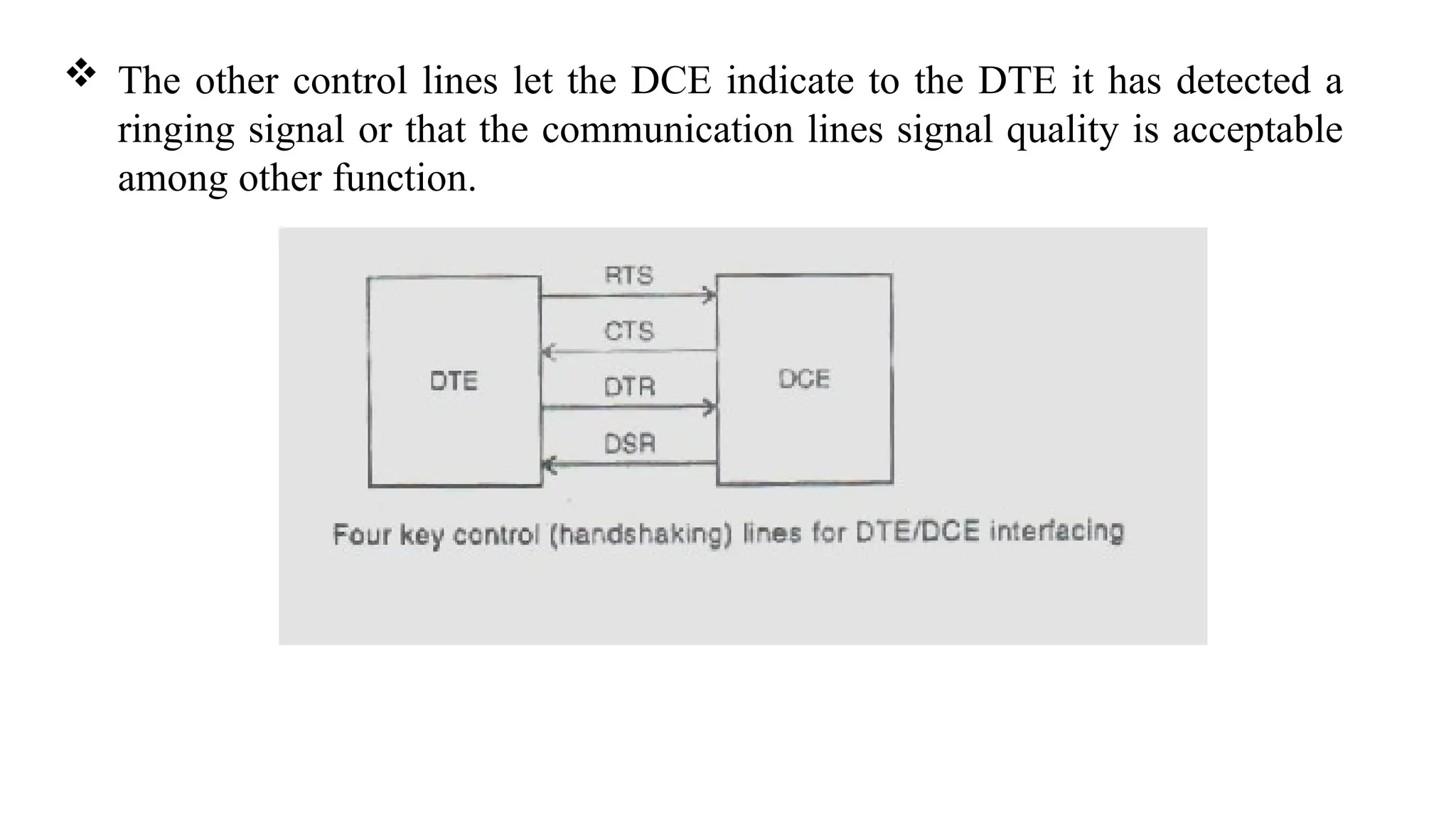  The other control lines let the DCE indicate to the DTE it has detected a
ringing signal or that the communication lines signal quality is acceptable
among other function.
 