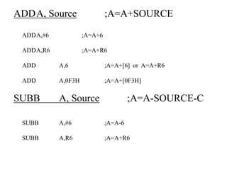 ADDA, Source ;A=A+SOURCE
ADDA,#6 ;A=A+6
ADDA,R6 ;A=A+R6
ADD A,6 ;A=A+[6] or A=A+R6
ADD A,0F3H ;A=A+[0F3H]
SUBB A, Source ;A=A-SOURCE-C
SUBB A,#6 ;A=A-6
SUBB A,R6 ;A=A+R6
 