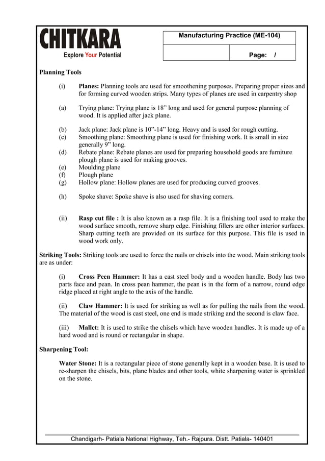 Manufacturing Practice Lab Manual B.Tech. Mechanical Engineering