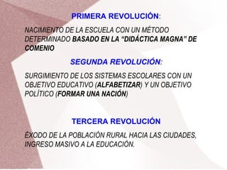 PRIMERA REVOLUCIÓN:
NACIMIENTO DE LA ESCUELA CON UN MÉTODO
DETERMINADO BASADO EN LA “DIDÁCTICA MAGNA” DE
COMENIO
SEGUNDA REVOLUCIÓN:
SURGIMIENTO DE LOS SISTEMAS ESCOLARES CON UN
OBJETIVO EDUCATIVO (ALFABETIZAR) Y UN OBJETIVO
POLÍTICO (FORMAR UNA NACIÓN)
TERCERA REVOLUCIÓN
ÉXODO DE LA POBLACIÓN RURAL HACIA LAS CIUDADES,
INGRESO MASIVO A LA EDUCACIÓN.
 