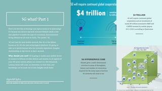 5G HYPER
Safasdasd
Don’t you feel like technology and digital seems to be plateauing?
It’s because our devices and tech-oriented lifestyle needs a new
data pipeline to enable the type of conceptual, interconnected
living lifestyle we all want so badly. The answer: 5G.
5G isn’t just the next mobile network, like 4G or the failure
known as 3G. It’s the next technological platform. It’s going to
take us to speeds beyond what we currently experience. Imagine
downloading an 8gb movie in just 6 seconds.
Why should you care? 5G is going to enable your mobile device
to connect to billions of other devices and sensors, in all aspects of
your life (your current phone can connect to a few thousand).
Latency issues will cease: no downtime, no wait time, and
knowledge can be made out of data insights much faster.
$4 TRILLION
5G will require continued global
cooperation and an investment of
nearly $4 trillion (cumulative R&D and
CAPEX invested by mobile players
2015-2020 ) according to Qualcomm
18
5G what? Part 1
WHAT WE LEARNED AT MWC 2015 AND WHAT BRANDS HAVE TO KNOW
5G HYPERSERVICE CUBE
Huawei gives a multi-dimensional
overview in terms of throughput,
latency and number of connections
required for the many types of services
5G networks will need to run
 