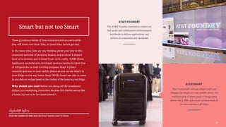 AT&T FOUNDRY
The AT&T Foundry innovation centers are
fast-paced and collaborative environments
worldwide to deliver applications and
services to consumers and businesses
BLUESMART
This “connected” suitcase weighs itself and
displays the weight on your mobile device. It’s
outfitted with a battery pack to charge your
phone and a SIM card so you can keep track of
its whereabouts at all times
6
These grandiose visions of interconnected devices and mobile
play will come over time. Like, 20 years time. So lets get real.
In the mean time, how are you thinking about your role in this
connected universe of products, brands, and services? It doesn’t
have to be extreme and it doesn’t have to be costly. A BSH Home
Appliances manufacturer developed cameras insides its latest line
of refrigerators for food tracking purposes. Snap! A photo
instantly gets sent to your mobile phone so you can see what’s in
your fridge on the way home. Snap! A CPG brand was able to come
inanddishoutrecipesbasedonthecontextoftheitemsinyourfridge.
Why should you care? Before you shrug off the investment
dollars into something innovative because this market seems like
a hassle, try not to be too smart about it.
!
Smart but not too Smart
WHAT WE LEARNED AT MWC 2015 AND WHAT BRANDS HAVE TO KNOW
 