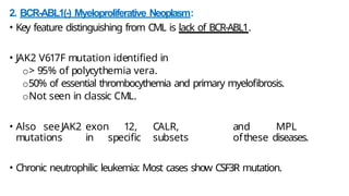 2. BCR-ABL1(-) Myeloproliferative Neoplasm:
• Key feature distinguishing from CML is lack of BCR-ABL1.
• JAK2 V617F mutation identified in
o> 95% of polycythemia vera.
o50% of essential thrombocythemia and primary myelofibrosis.
oNot seen in classic CML.
• Also seeJAK2 exon 12, CALR, and MPL
mutations in specific subsets ofthese diseases.
• Chronic neutrophilic leukemia: Most cases show CSF3R mutation.
 
