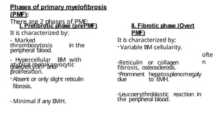 Phases of primary myelofibrosis
(PMF):
There are 2 phases of PMF:
I. Prefibrotic phase (prePMF)
It is characterized by:
- Marked
thrombocytosis in the
peripheral blood.
- Hypercellular BM with
granulocytic and
atypical megakaryocytic
proliferation.
-Absent or only slight reticulin
fibrosis.
- Minimal if any EMH.
II. Fibrotic phase (Overt
PMF)
It is characterized by:
- Variable BM cellularity.
-Reticulin or collagen
fibrosis, osteosclerosis.
ofte
n
-Prominent hepatosplenomegaly
due to EMH.
-Leucoerythroblastic reaction in
the peripheral blood.
 