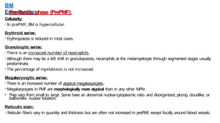 BM
Examination:
I. Pre-fibrotic phase (PrePMF):
Cellularity:
- In prePMF, BM is hypercellular.
Erythroid series:
- Erythropoiesis is reduced in most cases.
Granulocytic series:
- There is an increased number of neutrophils.
-Although there may be a left shift in granulopoiesis, neutrophils at the metamyelocyte through segmented stages usually
predominate.
- The percentage of myeloblasts is not increased.
Megakaryocytic series:
- There is an increased number of atypical megakaryocytes.
- Megakaryocytes in PMF are morphologically more atypical than in any other MPN:
• They vary from small to large. Some have an abnormal nuclear-cytoplasmic ratio and disorganized, plump, cloudlike, or
balloonlike nuclear lobation.
Reticulin stain:
- Reticulin fibers vary in quantity and thickness but are often not increased in prePMF, except focally around blood vessels.
 