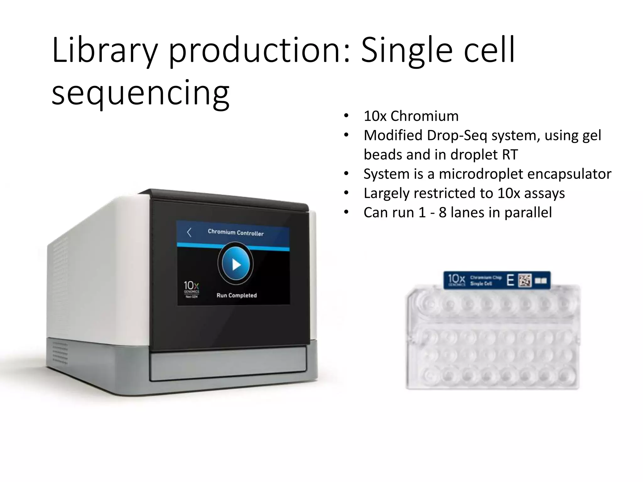 Library production: Single cell
sequencing • 10x Chromium
• Modified Drop-Seq system, using gel
beads and in droplet RT
• System is a microdroplet encapsulator
• Largely restricted to 10x assays
• Can run 1 - 8 lanes in parallel
 