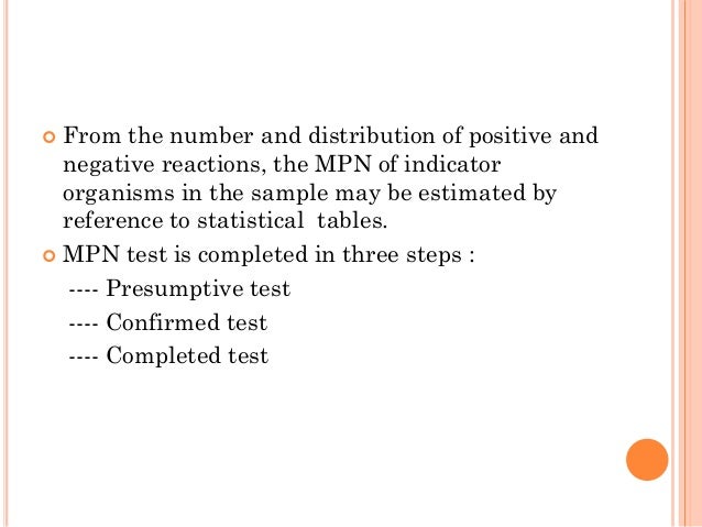  From the number and distribution of positive and
negative reactions, the MPN of indicator
organisms in the sample may be...