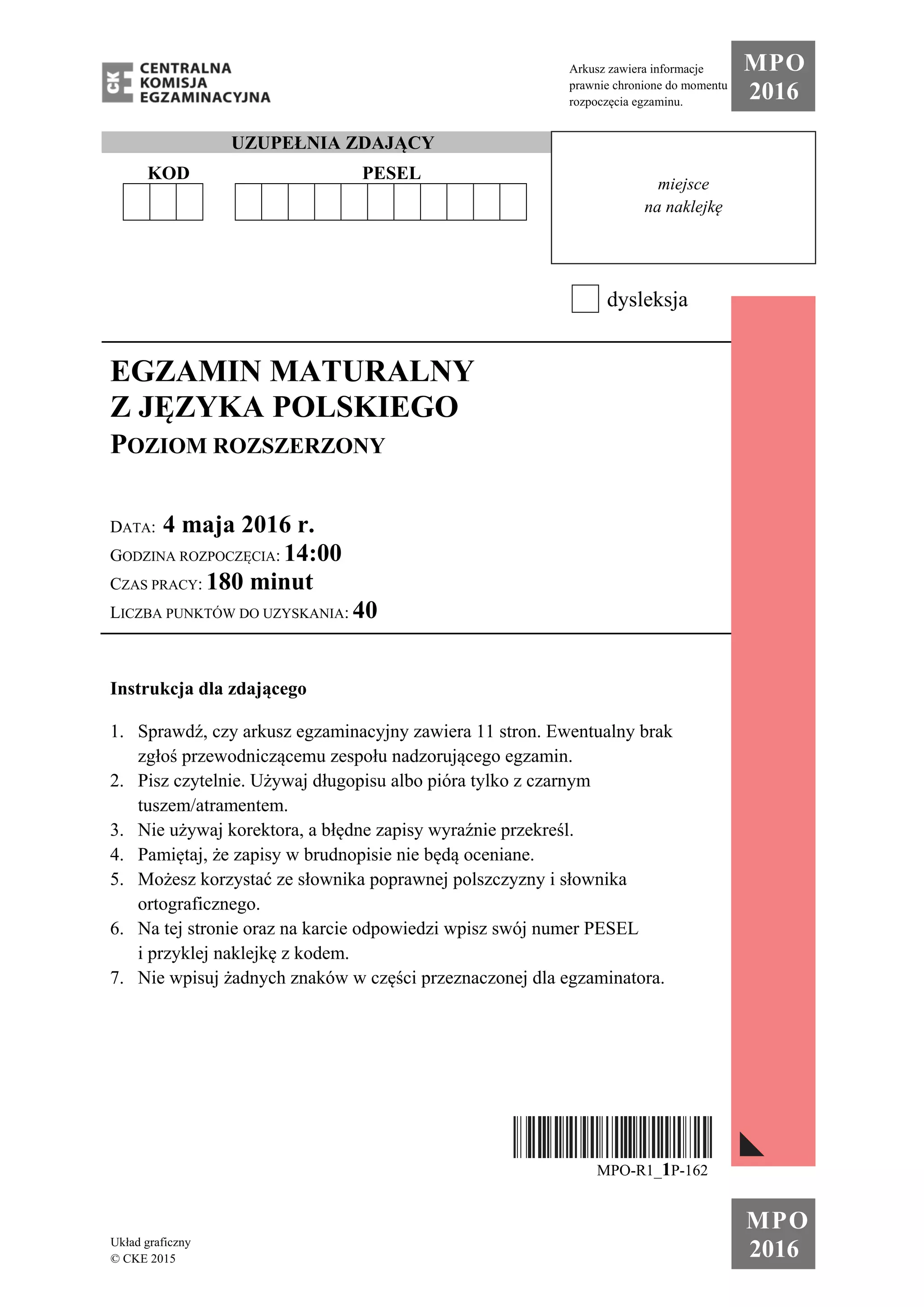 Arkusz rozszerzonej matury z języka polskiego 2016 - nowa wersja | PDF