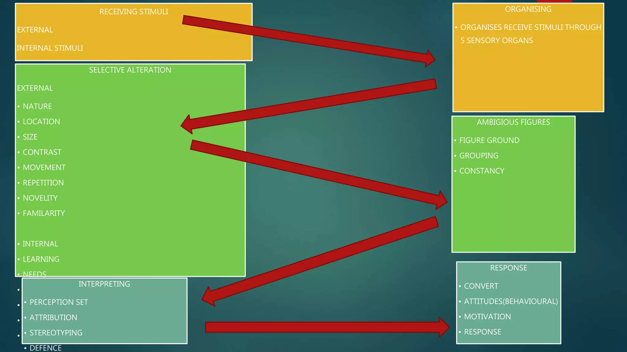 RECEIVING STIMULI
EXTERNAL
INTERNAL STIMULI
SELECTIVE ALTERATION
EXTERNAL
• NATURE
• LOCATION
• SIZE
• CONTRAST
• MOVEMENT
• REPETITION
• NOVELITY
• FAMILARITY
• INTERNAL
• LEARNING
• NEEDS
• AGE
• INTEREST
• AMBIVALENCE
• PARANOIS PERCEPTION
INTERPRETING
• PERCEPTION SET
• ATTRIBUTION
• STEREOTYPING
• DEFENCE
ORGANISING
• ORGANISES RECEIVE STIMULI THROUGH
5 SENSORY ORGANS
AMBIGIOUS FIGURES
• FIGURE GROUND
• GROUPING
• CONSTANCY
RESPONSE
• CONVERT
• ATTITUDES(BEHAVIOURAL)
• MOTIVATION
• RESPONSE
 