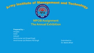 MPOB Assignment
The Annual Exhibition
Prepared by :-
Anagha
Ankit
Ankush
Amit Kumar s/o Ompal Singh
Amit Kumar s/o Dharam Pal Singh Submitted to:-
Dr. Babita Bhati
 