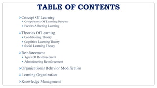 TABLE OF CONTENTS
Concept Of Learning
 Components Of Learning Process
 Factors Affecting Learning
Theories Of Learning
 Conditioning Theory
 Cognitive Learning Theory
 Social Learning Theory
Reinforcement
 Types Of Reinforcement
 Administering Reinforcement
Organizational Behavior Modification
Learning Organization
Knowledge Management
 