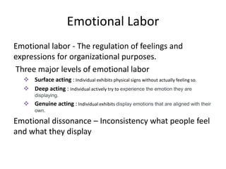 Emotional Labor
Emotional labor - The regulation of feelings and
expressions for organizational purposes.
Three major levels of emotional labor
 Surface acting : Individual exhibits physical signs without actually feeling so.
 Deep acting : Individual actively try to experience the emotion they are
displaying.
 Genuine acting : Individual exhibits display emotions that are aligned with their
own.
Emotional dissonance – Inconsistency what people feel
and what they display
 