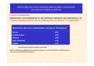 ROFLUMILAST FUE GENERALMENTE BIEN TOLERADO
                          EN LOS ESTUDIOS CLÍNICOS

– Leves a moderados
– Aparecieron principalmente en las primeras semanas de tratamiento y la
  mayoría desaparecieron con la continuación de éste en 1-2 setmanes


        Reacciones adversas comunicadas con mayor frecuencia*
        Diarrea                                                                   5,9%
        Pérdida de peso                                                           3,4%
        Náuseas                                                                   2,9%
        Dolor abdominal                                                           1,9%
        Cefalea                                                                   1,7%

                  *Expresadas como porcentaje de la población total del estudio

–   Debería realizarse un seguimiento de los cambios de peso y los acontecimientos neuropsiquiátricos.
–   Cal evitar-ho en DEPRESSIÓ (Gold2010)
 