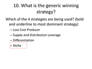 10. What is the generic winning strategy? Which of the 4 strategies are being used? (bold and underline to most dominant strategy) Low Cost Producer Supply and Distribution Leverage Differentiation Niche 