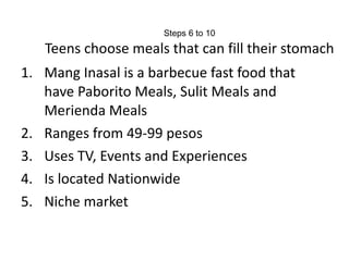 Steps 6 to 10 Teens choose meals that can fill their stomach Mang Inasal is a barbecue fast food that have Paborito Meals, Sulit Meals and Merienda Meals Ranges from 49-99 pesos Uses TV, Events and Experiences Is located Nationwide Niche market 