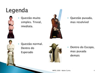 Legenda Questão muito simples. Trivial, imediata. Questão normal. Dentro do Esperado   Questão puxada, mas resolvível Dentro do Escopo, mas puxada demais 