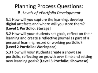 Planning Process Questions:
B. Levels of ePortfolio Development
5.1 How will you capture the learning, develop
digital artefacts and where will you store them?
[Level 1 Portfolio: Storage]
5.2 How will your students set goals, reflect on their
learning and create a reflective journal as part of a
personal learning record or working portfolio?
[Level 2 Portfolio: Workspace]
5.3 How will your students create a showcase
portfolio, reflecting on growth over time and setting
new learning goals? [Level 3 Portfolio: Showcase]
 