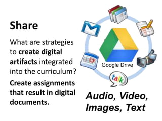 Share
What are strategies
to create digital
artifacts integrated
into the curriculum?
Create assignments
that result in digital
documents.
Audio, Video,
Images, Text
Google Drive
 