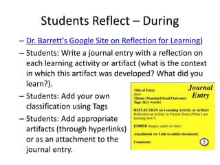 Students Reflect – During
– Dr. Barrett's Google Site on Reflection for Learning)
– Students: Write a journal entry with a reflection on
each learning activity or artifact (what is the context
in which this artifact was developed? What did you
learn?).
– Students: Add your own
classification using Tags
– Students: Add appropriate
artifacts (through hyperlinks)
or as an attachment to the
journal entry.
 