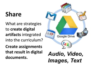 Share
What are strategies
to create digital
artifacts integrated
into the curriculum?
Create assignments
that result in di...