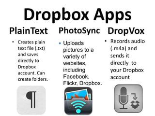 Dropbox Apps
PlainText            PhotoSync DropVox
• Creates plain       Uploads           • Records audio
  text file (.txt)    pictures to a        (.m4a) and
  and saves           variety of           sends it
  directly to                              directly to
                      websites,
  Dropbox
  account. Can
                      including            your Dropbox
  create folders.     Facebook,            account
                      Flickr, Dropbox.
 