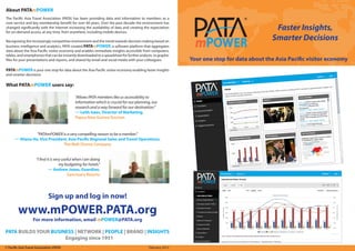 Faster Insights,
Smarter Decisions
Your one stop for data about the Asia Pacific visitor economy
About PATAmPOWER
What PATAmPOWER users say:
The Pacific Asia Travel Association (PATA) has been providing data and information to members as a
core service and key membership benefit for over 60 years. Over the past decade the environment has
changed significantly with the Internet increasing the availability of data and creating the expectation
for on-demand access, at any time, from anywhere, including mobile devices.
Recognising the increasingly competitive environment and the trend towards decision making based on
business intelligence and analytics, PATA created PATAmPOWER, a software platform that aggregates
data about the Asia Pacific visitor economy and enables immediate insights accessible from computers,
tables, and smartphones that can be instantly downloaded to a speadsheet for further analysis, to graphic
files for your presentations and reports, and shared by email and social media with your colleagues.
PATAmPOWER is your one stop for data about the Asia Pacific visitor economy enabling faster insights
and smarter decisions.
"Allows PATA members like us accessibility to
information which is crucial for our planning, our
research and a way forward for our destination.”
­— Leith Isaac, Director of Marketing,
Papua New Guinea Tourism
“I find it is very useful when I am doing
my budgeting for hotels."
— Andrew Jones, Guardian,
Sanctuary Resorts
"PATAmPOWER is a very compelling reason to be a member.”
— Aliana Ho, Vice President, Asia Pacific Regional Sales and Travel Operations,
The Walt Disney Company
Sign up and log in now!
www.mPOWER.PATA.org
For more information, email mPOWER@PATA.org
© Pacific Asia Travel Association (PATA) February 2013
 