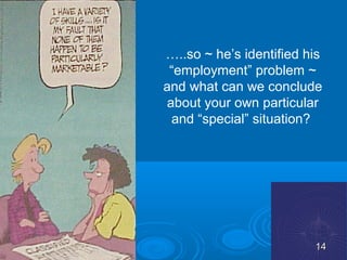 …..so ~ he’s identified his
 “employment” problem ~
and what can we conclude
about your own particular
 and “special” situation?




                         14
 