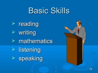 Basic Skills
   reading
   writing
   mathematics
   listening
   speaking
                      19
 