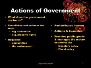 Actions of Government
• What does the government
  sector do?

•   Establishes and enforces the         • Redistributes income
    rules
     • e.g. commerce                     • Actions & Examples
     • e.g. property rights
                                         • Provides public goods
•   Regulates                              & manages the macro
     • competition                         economy via
     • the environment                         • Monetary policy
                                               • Fiscal policy




                           Government Sector                       1
 